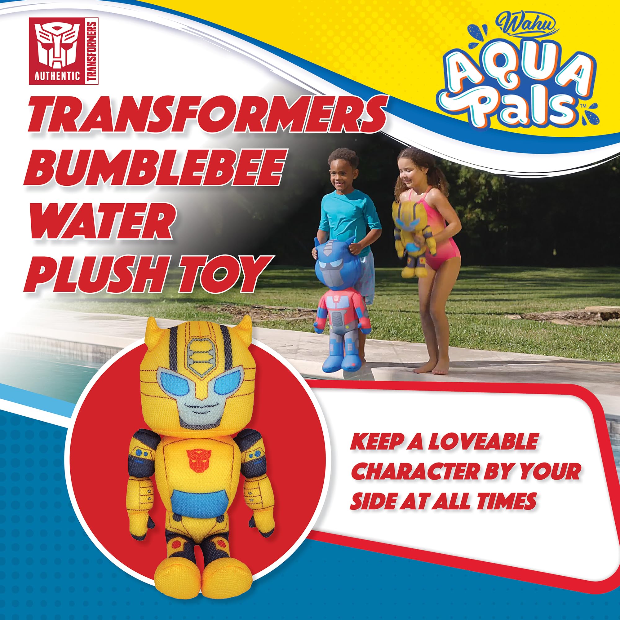 16-inch Bumblebee plush stays buoyant for safe water adventures.