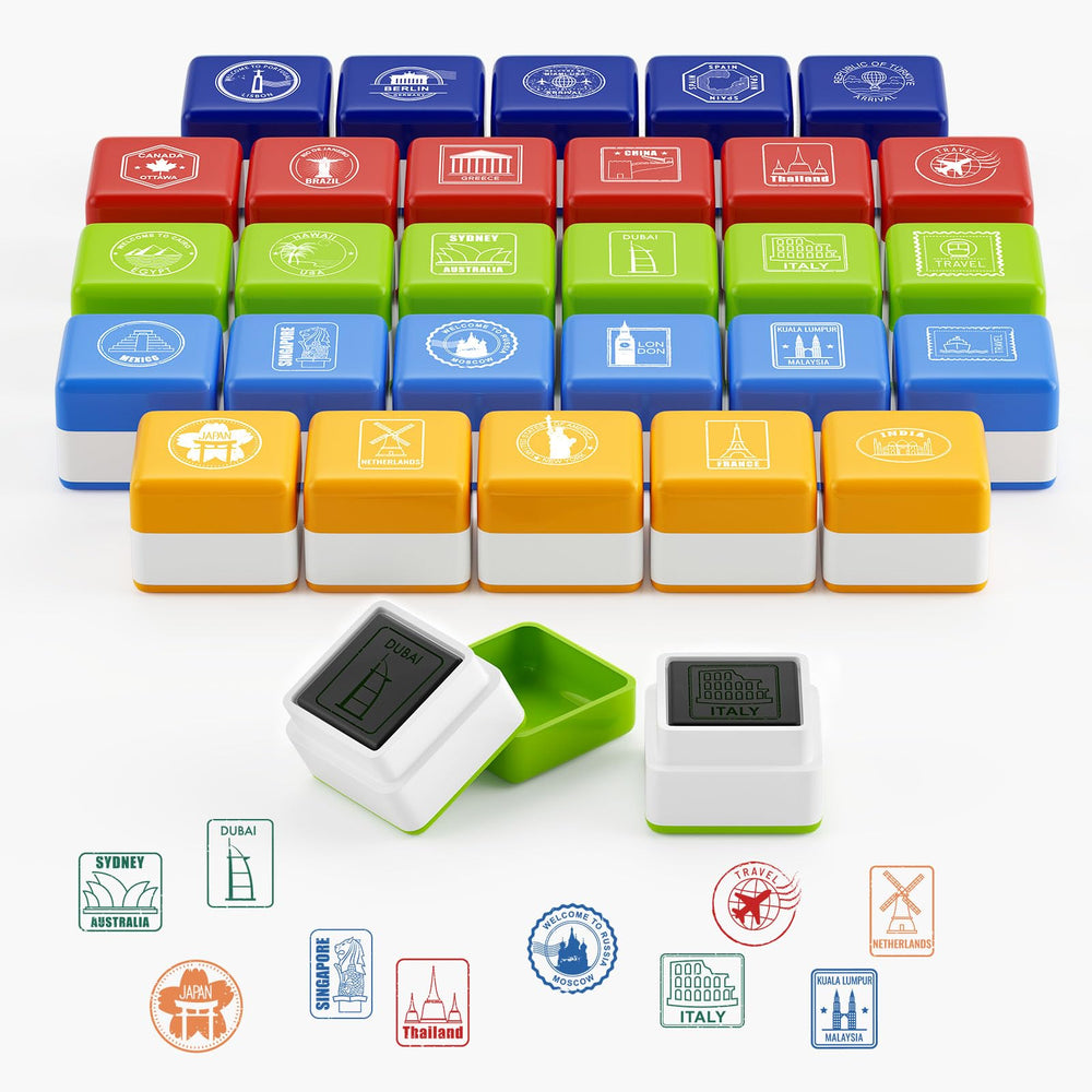 WAHXIAOSW 28-piece passport stamp set in compact box for organized geography activities.