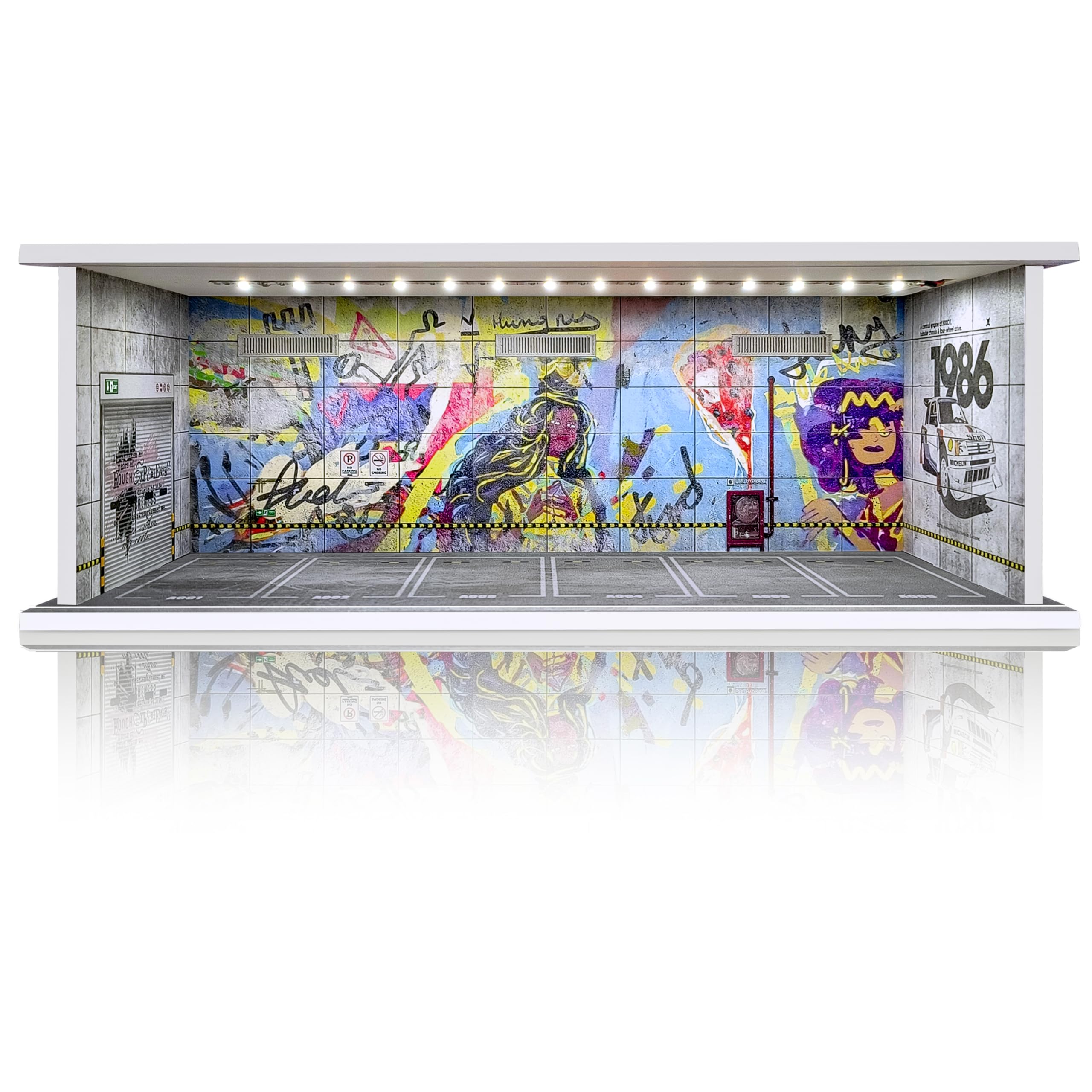 Waivvy 1/64 scale display garage with LED lighting showcases your car collection vividly.