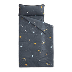 Wake In Cloud galaxy nap mat roll shows portable sleep setup for daycare.