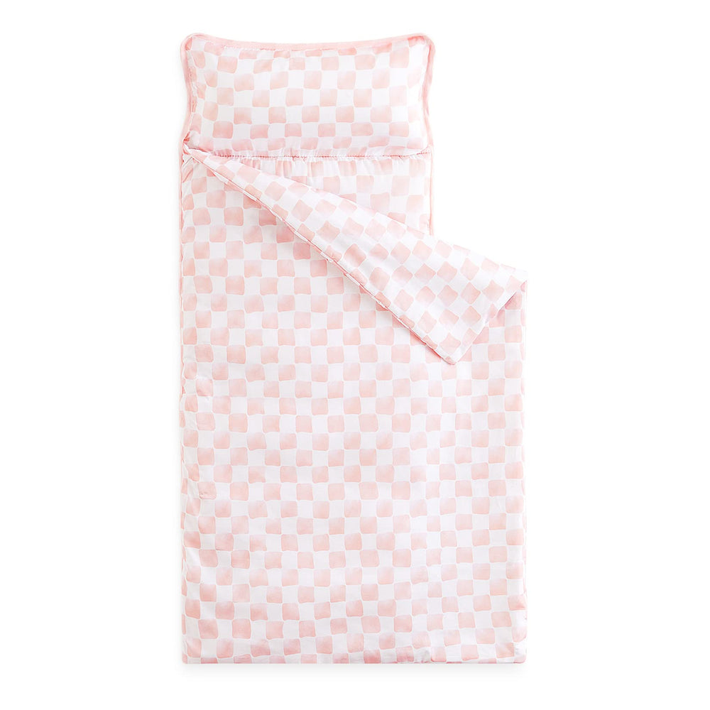 Wake In Cloud nap mat with checkered plaid roll for easy preschool storage