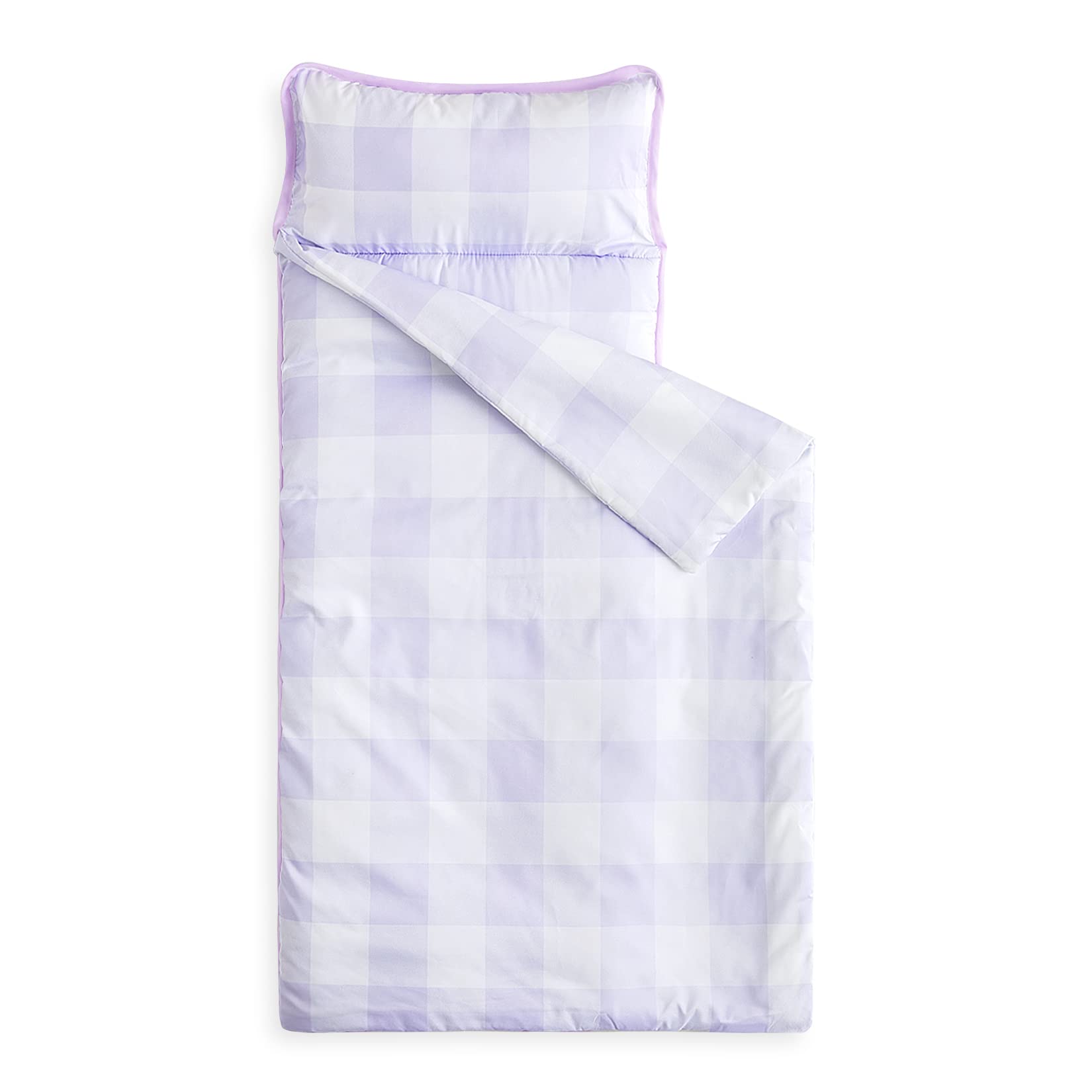 Wake In Cloud nap mat in gingham purple white for easy daycare identification and cozy naps.