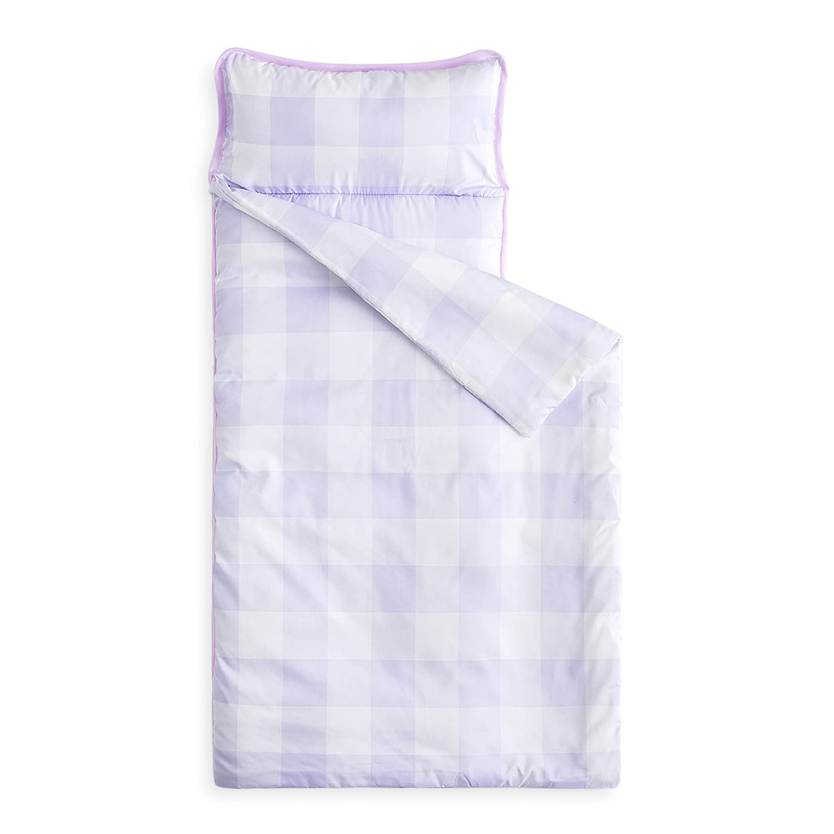 Wake In Cloud nap mat in gingham purple white for easy daycare identification and cozy naps.