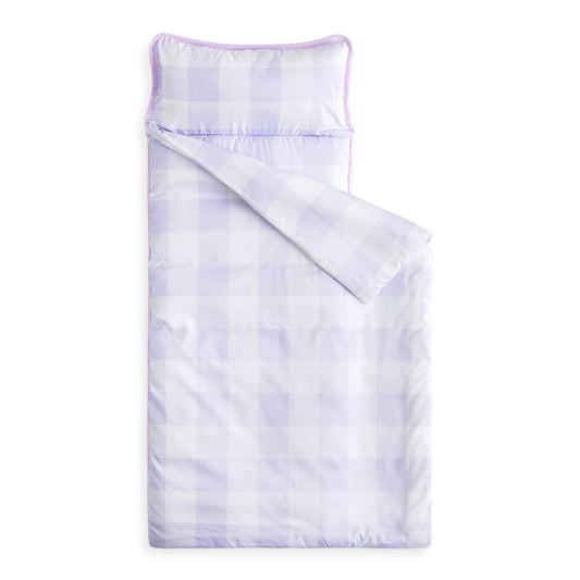 Wake In Cloud nap mat in gingham purple white for easy daycare identification and cozy naps.