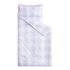 Wake In Cloud nap mat in gingham purple white for easy daycare identification and cozy naps.