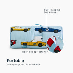 Wake In Cloud nap mat with removable pillow and included blanket for versatile use.