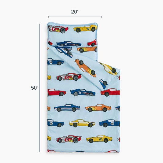 Wake In Cloud nap mat rolled up with handle for easy transport and storage.