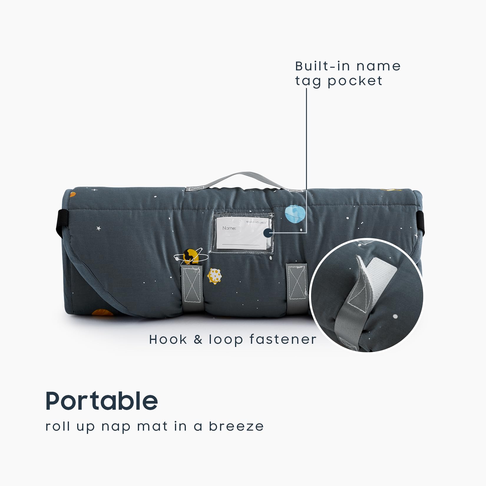 Wake In Cloud nap mat rolls up with hook and loop fastener for easy transport.