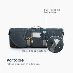 Wake In Cloud nap mat rolls up with hook and loop fastener for easy transport.