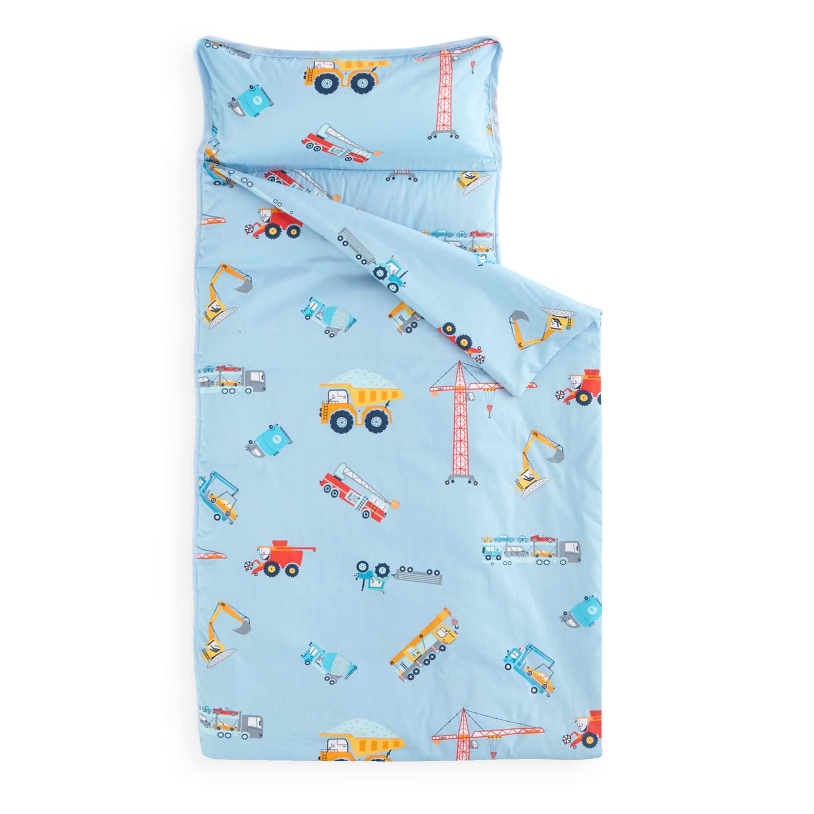 Wake In Cloud nap mat with pillow in blue cars design, ideal for preschool naps.