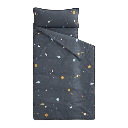 Wake In Cloud nap mat with space rocket design for cozy preschool naps.