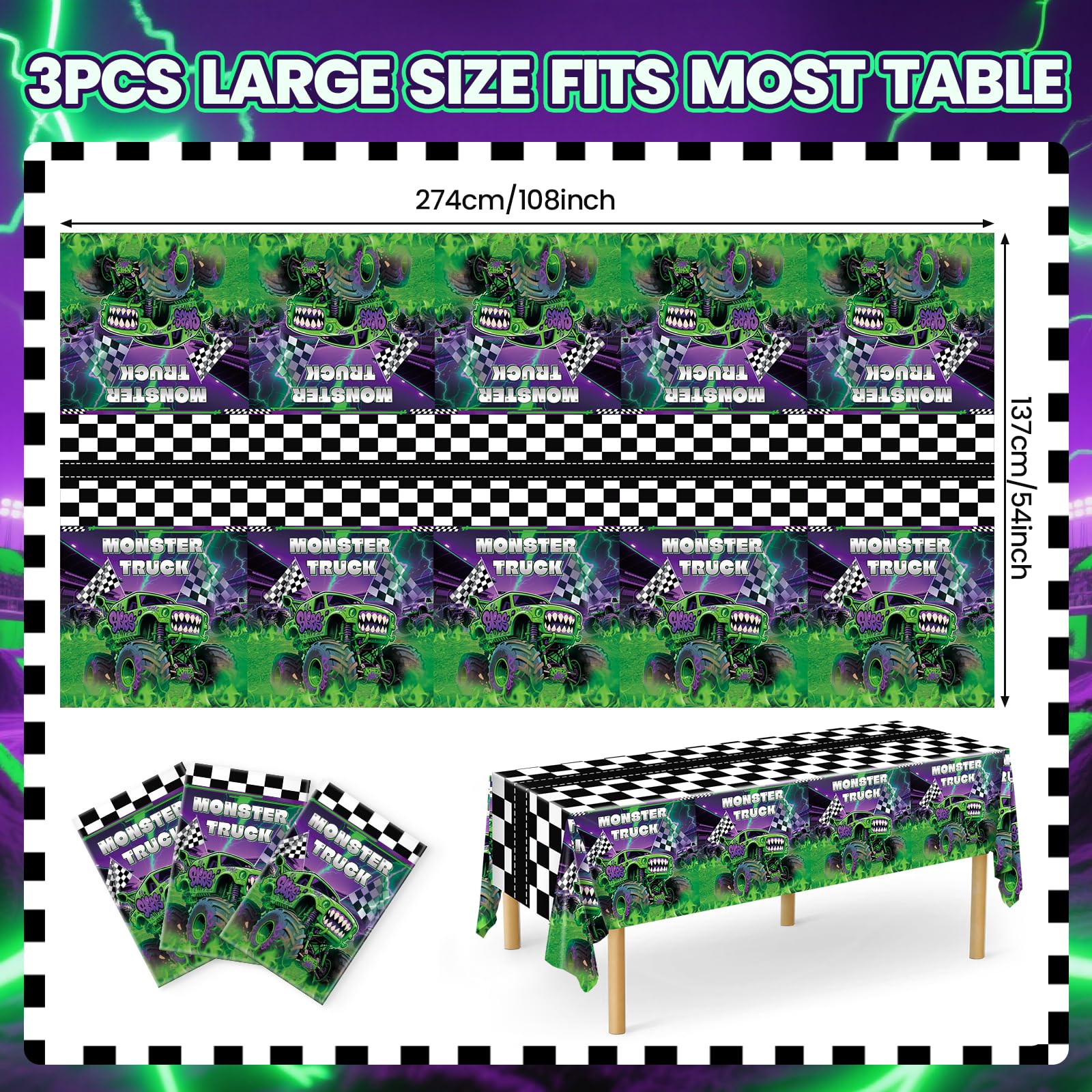 Wakeys purple green glitter monster-truck design adds vibrant party vibes.