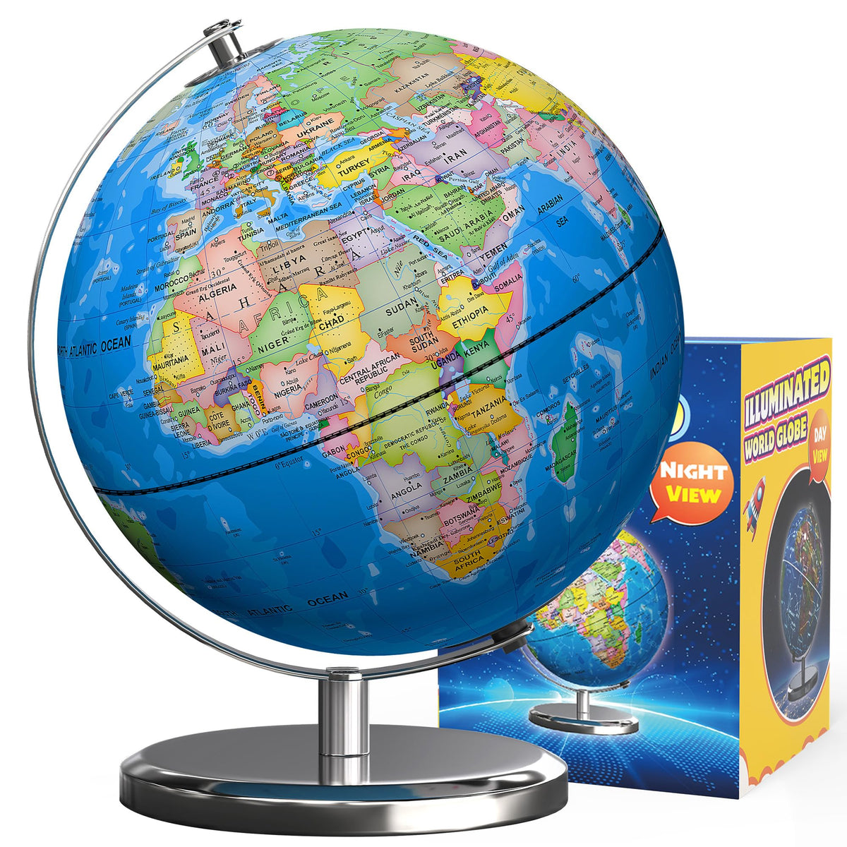 Waldauge illuminated world globe with stand; bright educational details for kids