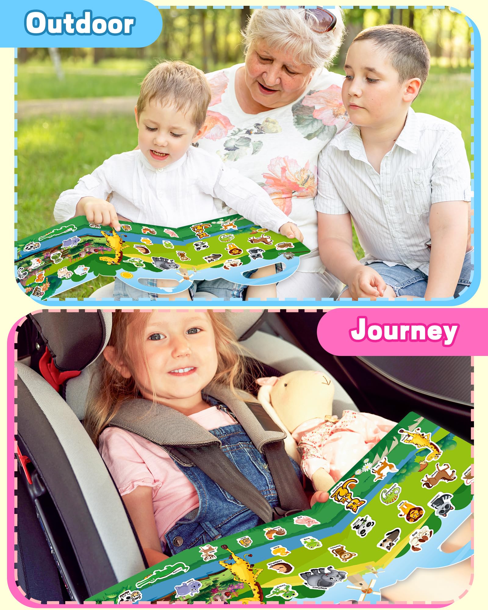 Walenced portable sticker book with handle and storage for on-the-go fun