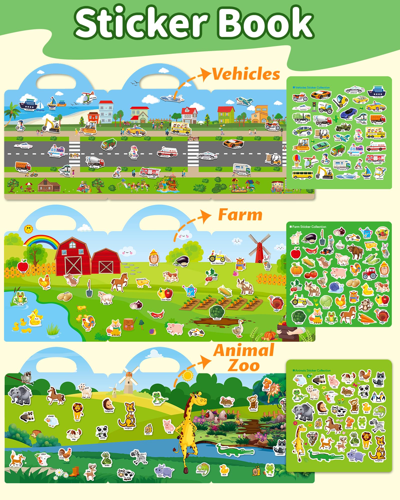 Walenced sticker book with vehicle stickers supports exploratory travel play.