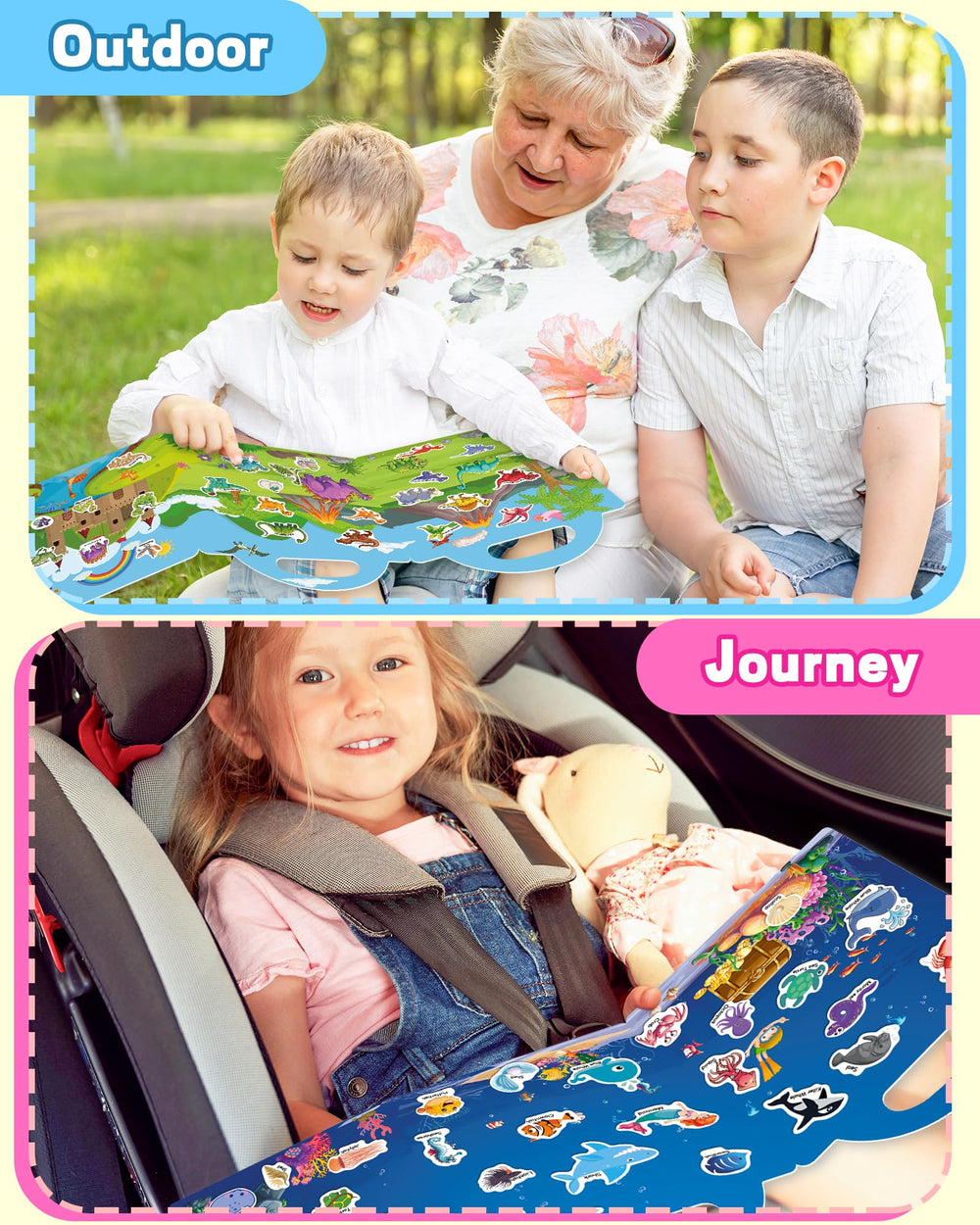 Walenced sticker book vehicles – portable on-the-go creative activity