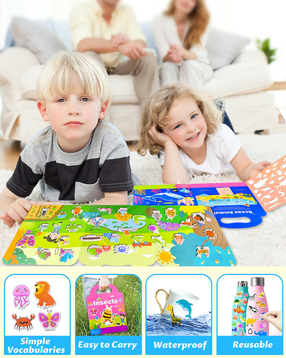 Walenced sticker book supports active play and hand-eye coordination development.