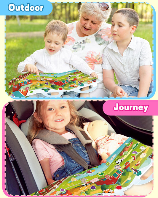Inside pages of Walenced farm theme invite imaginative scenes and fine motor use.