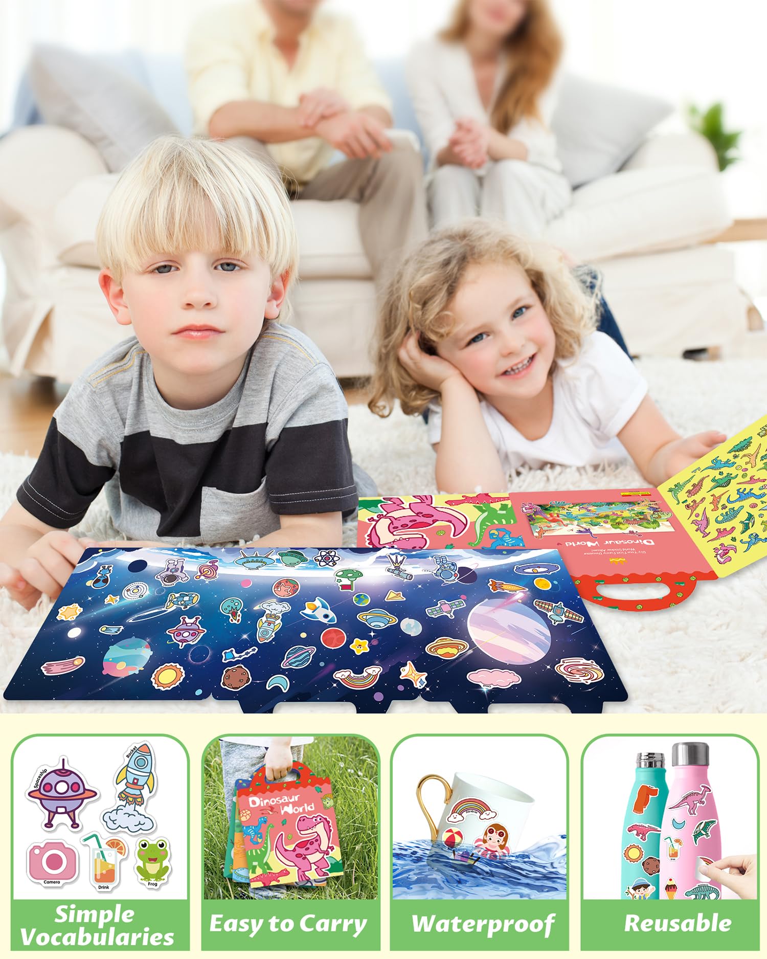 Walenced portable design sticker book with handle, easy travel activity.