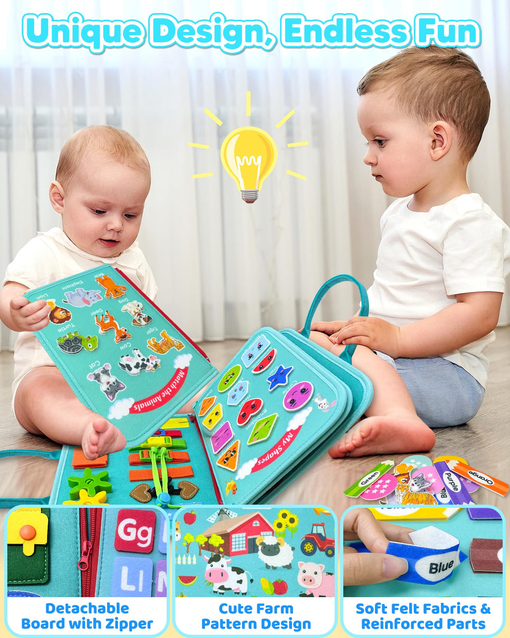 Walenty Busy Board includes letters, numbers, shapes and colors for early literacy.