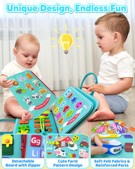 Walenty Busy Board includes letters, numbers, shapes and colors for early literacy.