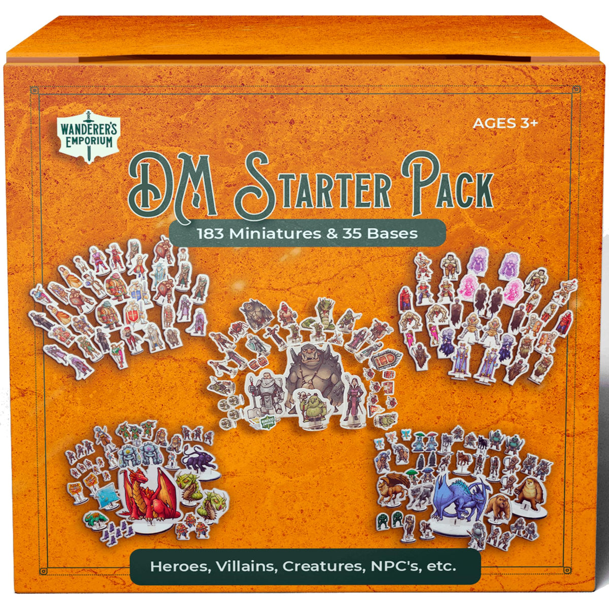 Wanderers Emporium hard flat minis box contents show diverse D&D figures ready to play.