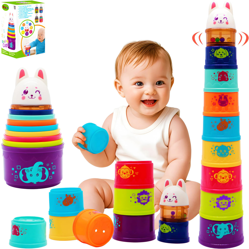 Wanonoo bunny stacking cups 9-piece set promotes grasping and sequencing during play.