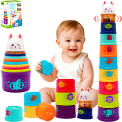 Wanonoo bunny stacking cups 9-piece set promotes grasping and sequencing during play.