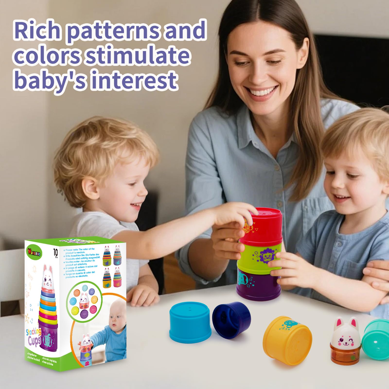 Wanonoo nesting cups support bath, beach, and indoor play versatility.