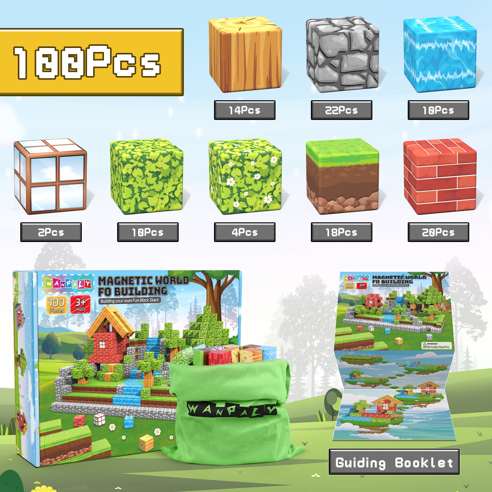 Wanplay 100pcs magnetic building blocks support creative construction and motor skills.