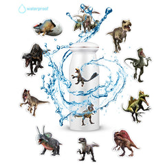 WANVAE waterproof dino stickers on a water bottle for durable color