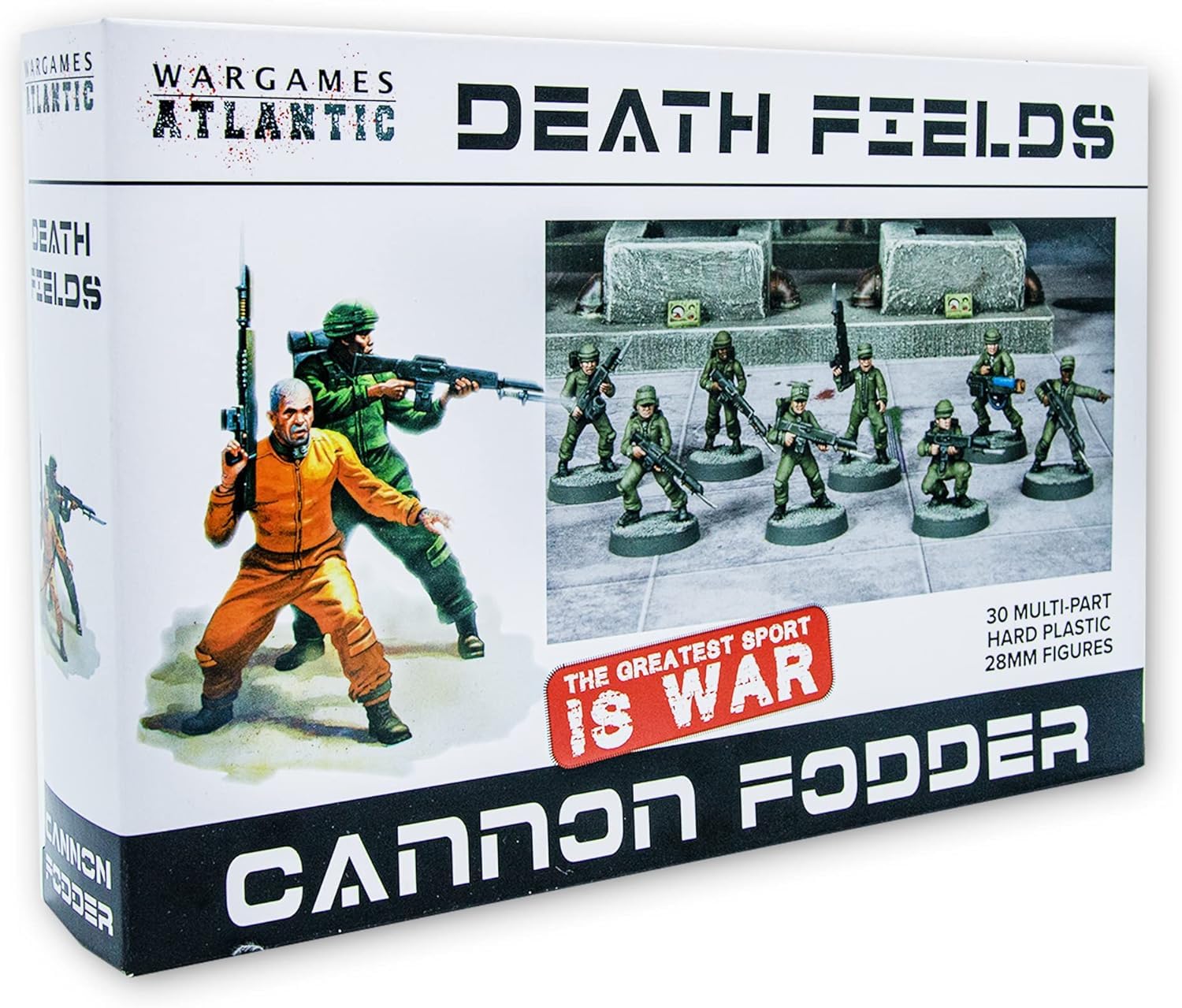 Wargames Atlantic Death Fields Cannon Fodder box art featuring rugged squad for large skirmish battles.