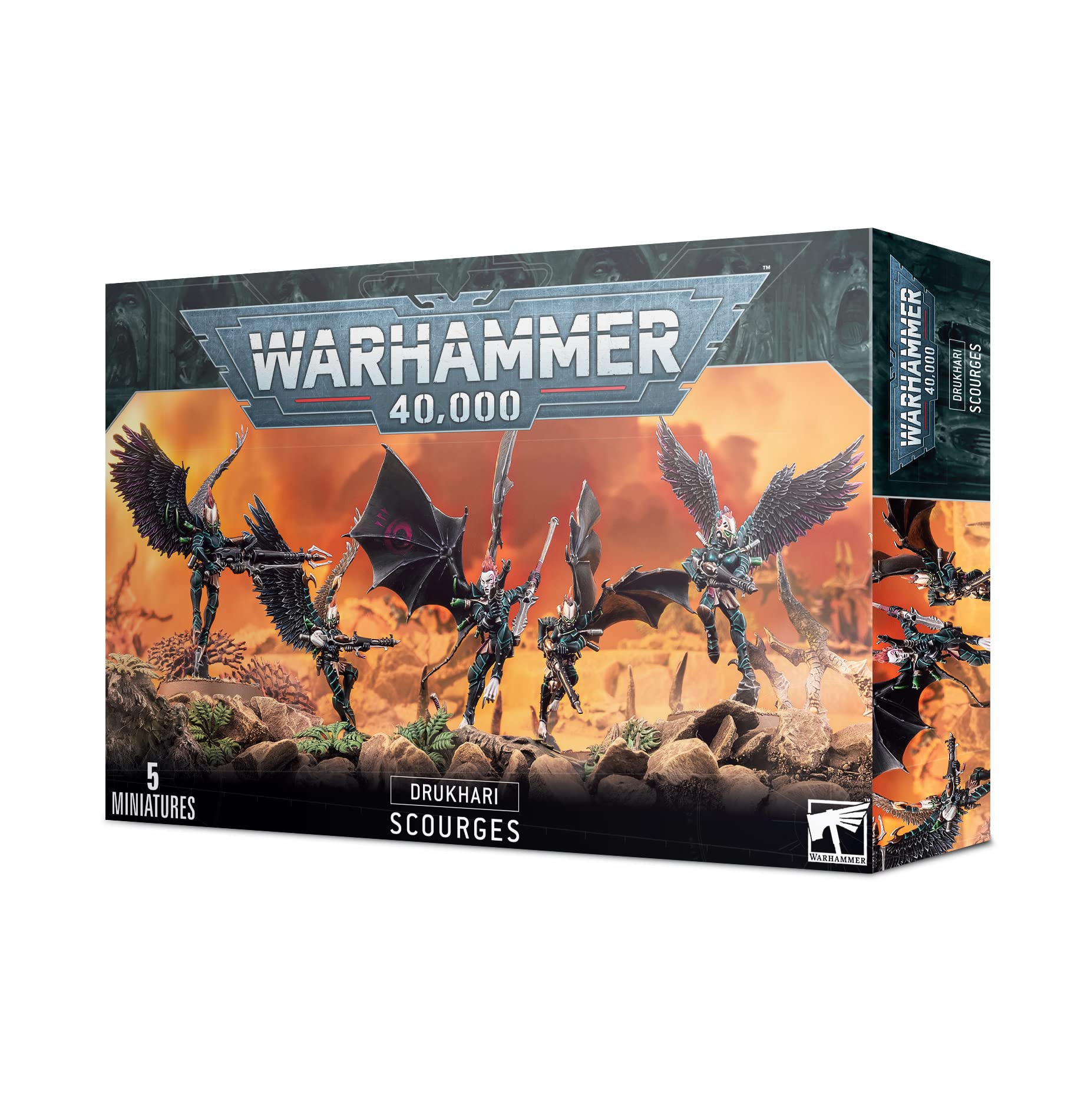 Warhammer 40k Drukhari Scourges miniatures kit for hobbyists to assemble and customize a deadly squad.