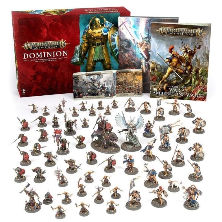Warhammer Dominion Age of Sigmar miniatures display featuring diverse units for painting.