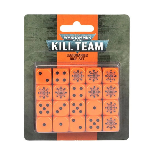 Warhammer Kill Team Legionaries dice in hazard orange with high-contrast pips for quick reads.