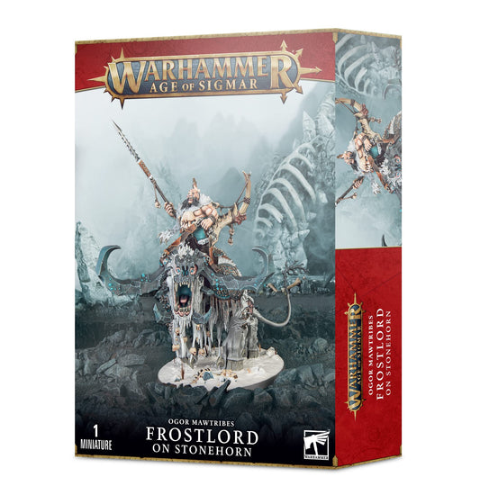 Warhammer Frostlord on Stonehorn miniature on battlefield, ideal centerpiece for epic tabletop battles.