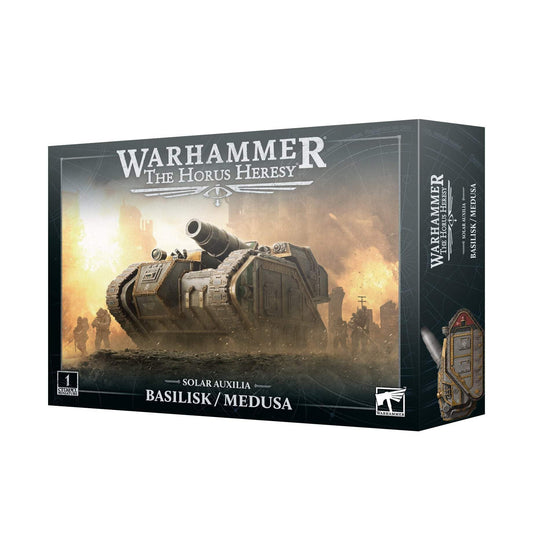 Warhammer Solar Auxilia Basilisk/Medusa model with detailed interior and open hatch for siege gameplay.