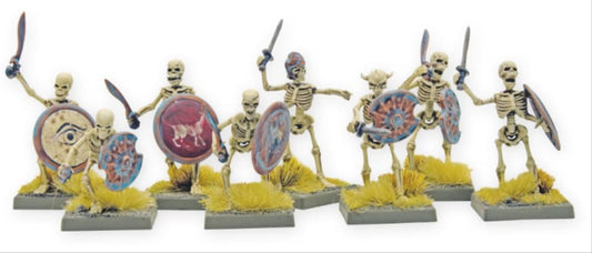 Warlord Games skeleton soldiers with shields and decals for fantasy wargaming setups.