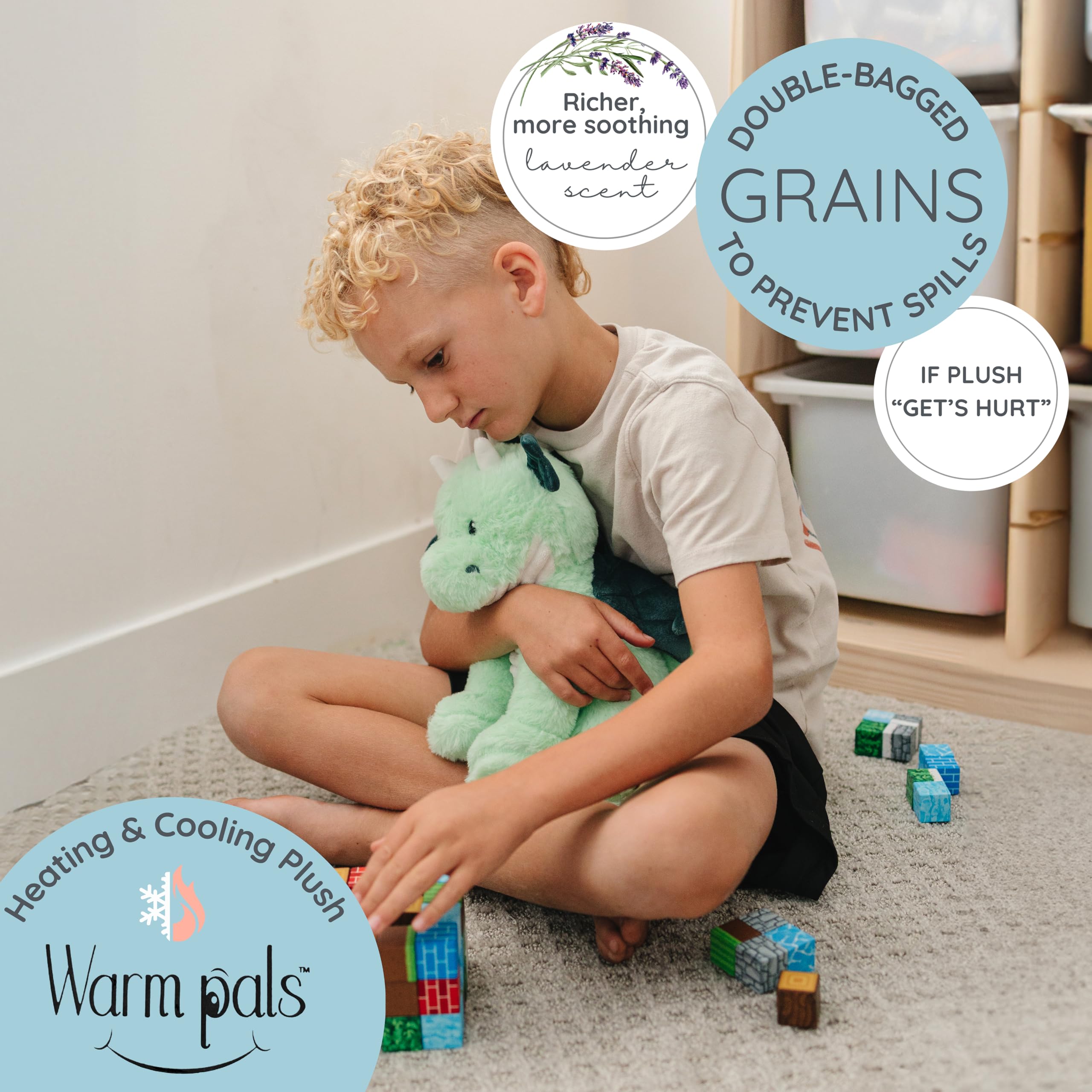 Warm Pals Daniel Dragon plush in a hugging pose demonstrates gentle weighted comfort.