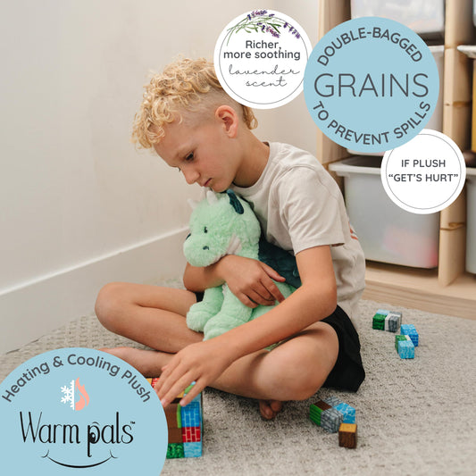 Warm Pals Daniel Dragon plush in a hugging pose demonstrates gentle weighted comfort.
