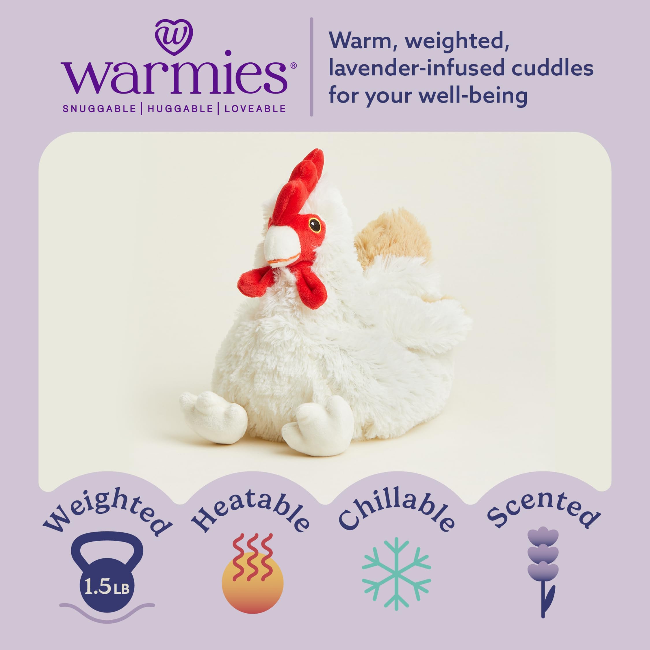 Warmies Chicken heating in microwave to provide calm, comforting warmth.