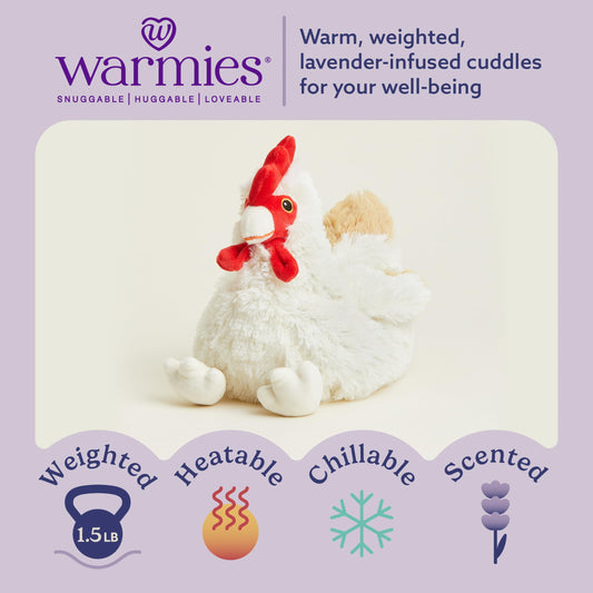 Warmies Chicken heating in microwave to provide calm, comforting warmth.