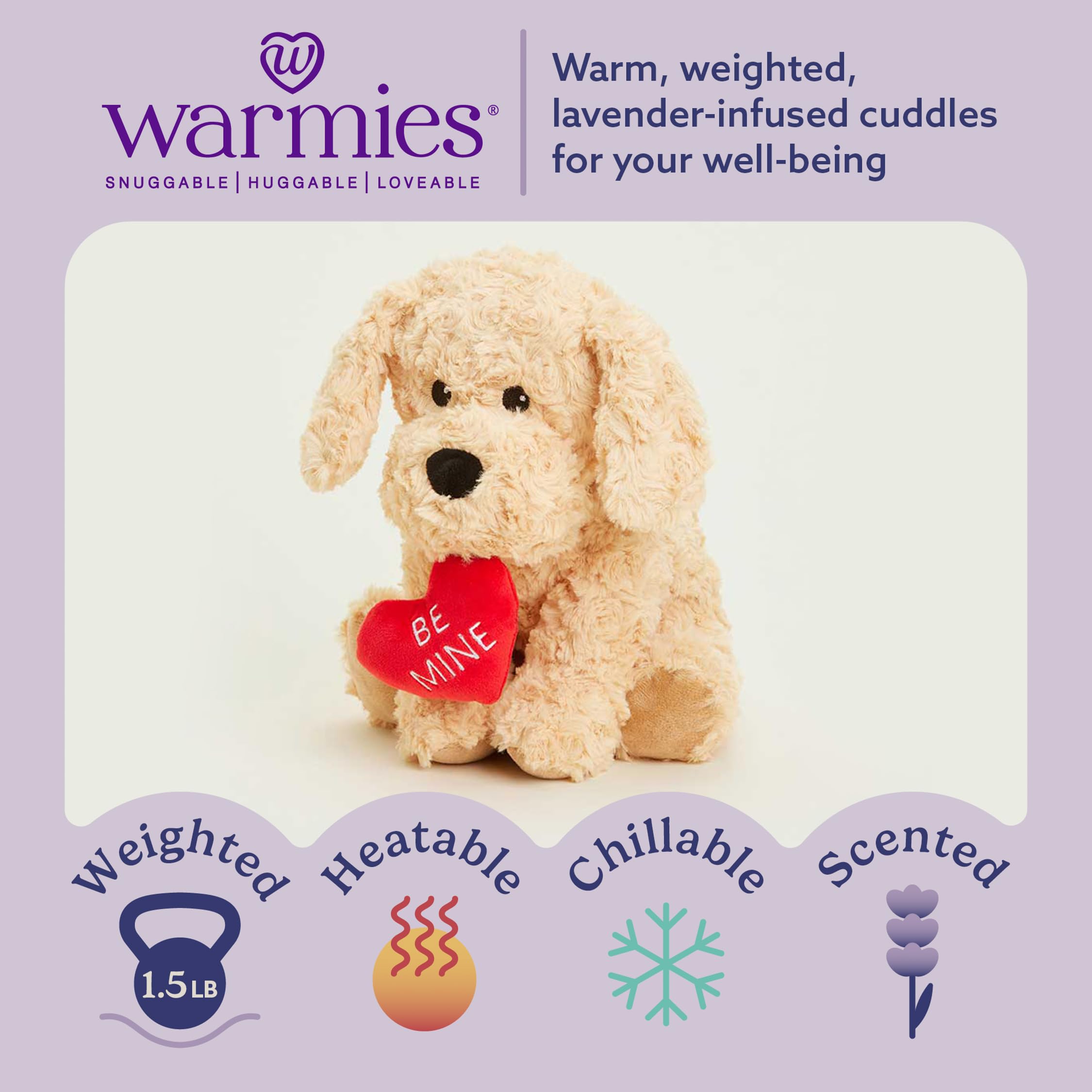 Warmies Dog Golden Be Mine weighted plush offers gentle hugs.