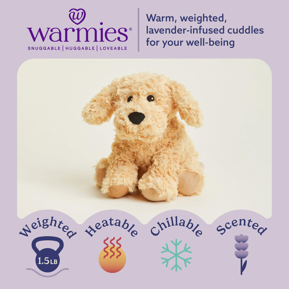 Warmies Golden Dog weighted plush provides comforting weight for calm snuggles.