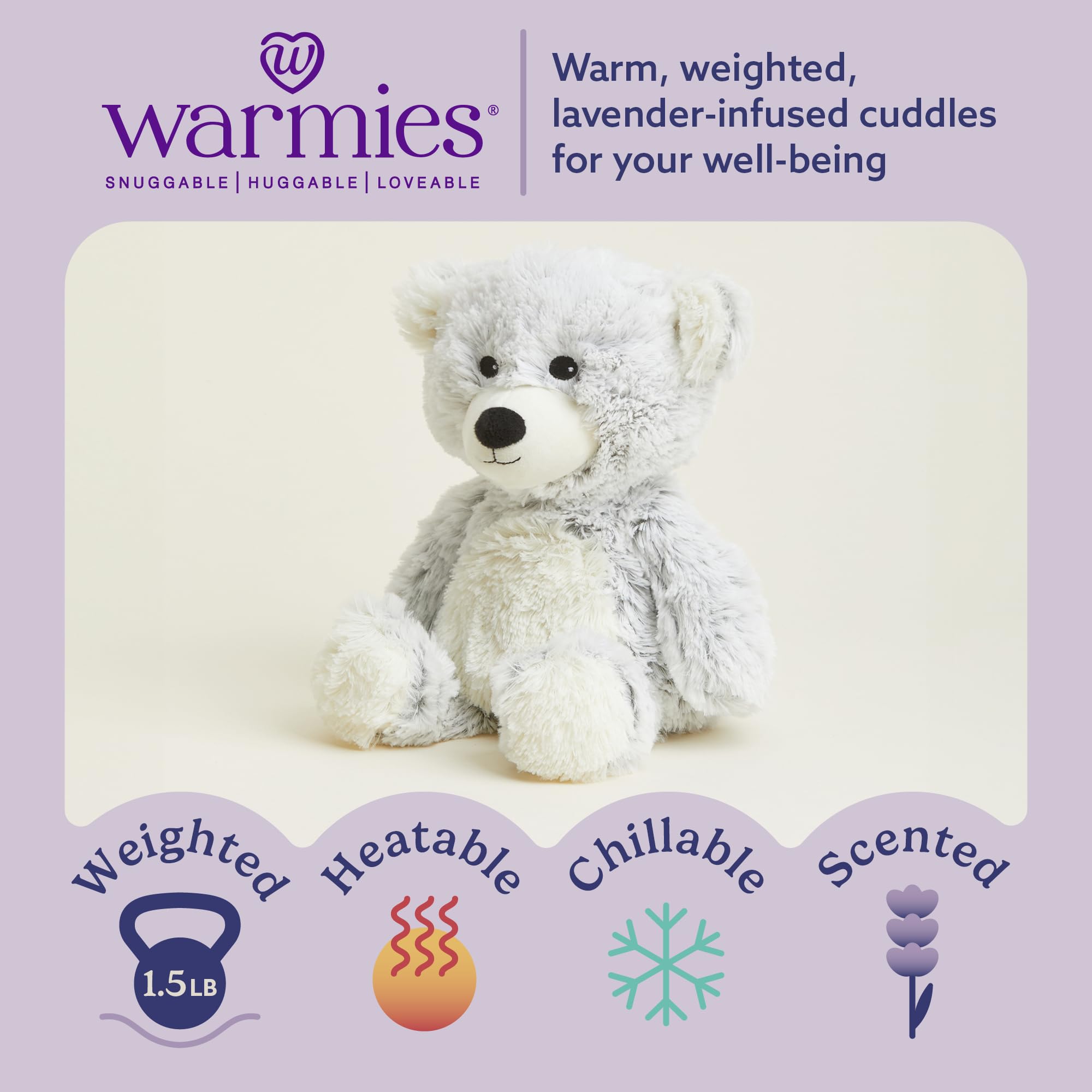 Warmies gray bear close-up shows lavender scent for a cozy atmosphere.
