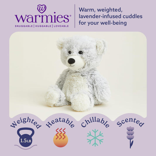 Warmies gray bear close-up shows lavender scent for a cozy atmosphere.