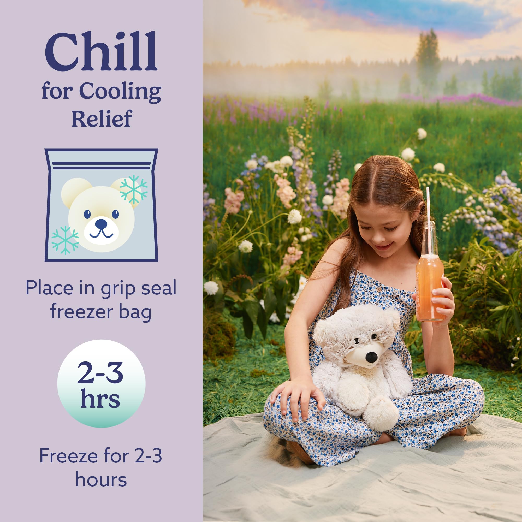 Warmies gray bear in freezer for cooling relief on warm days.