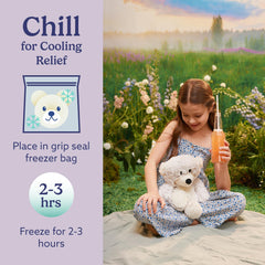 Warmies gray bear in freezer for cooling relief on warm days.