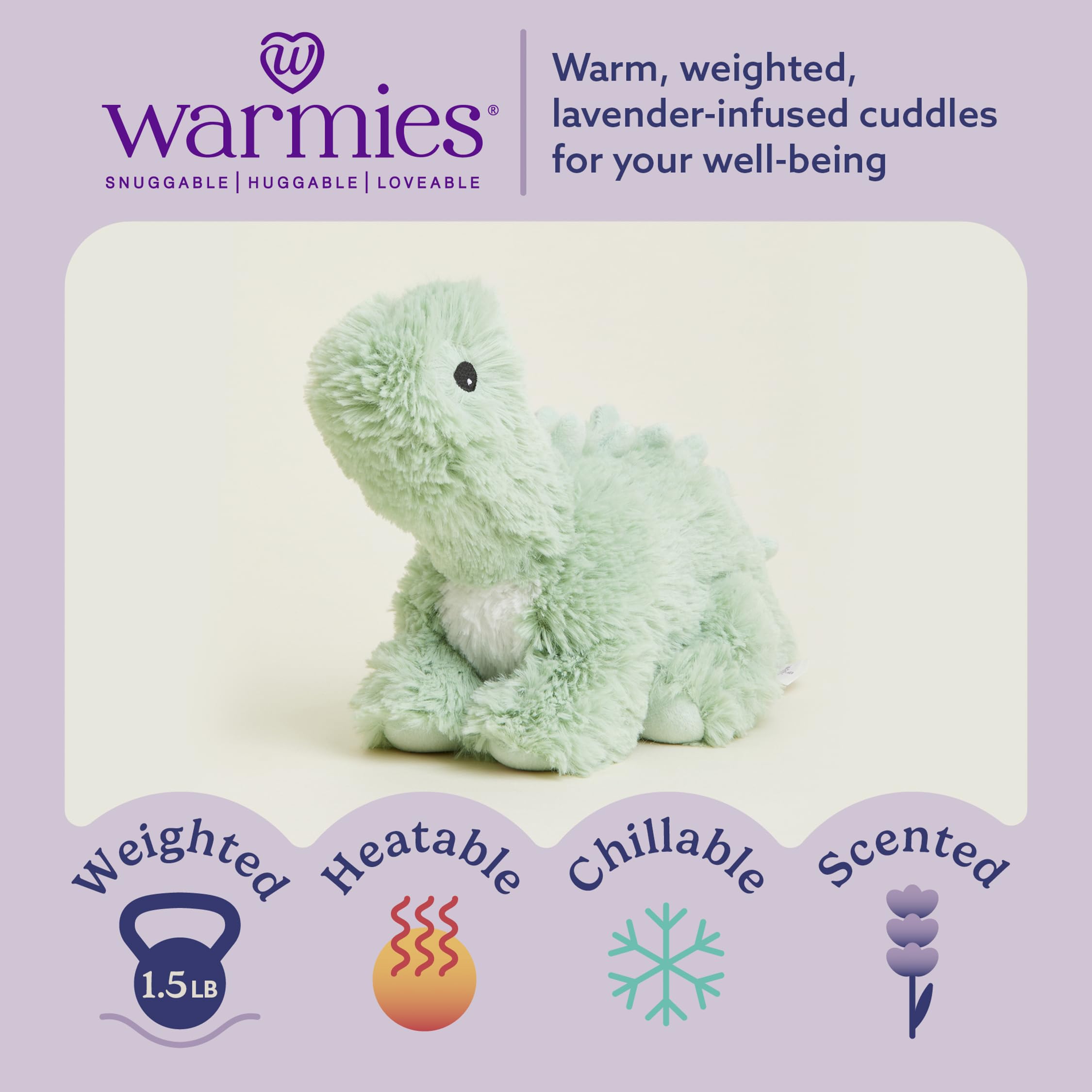 Warmies Green Long Neck Dinosaur microwave heating illustrates on demand warmth