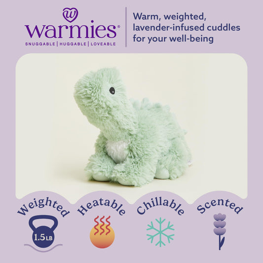 Warmies Green Long Neck Dinosaur microwave heating illustrates on demand warmth